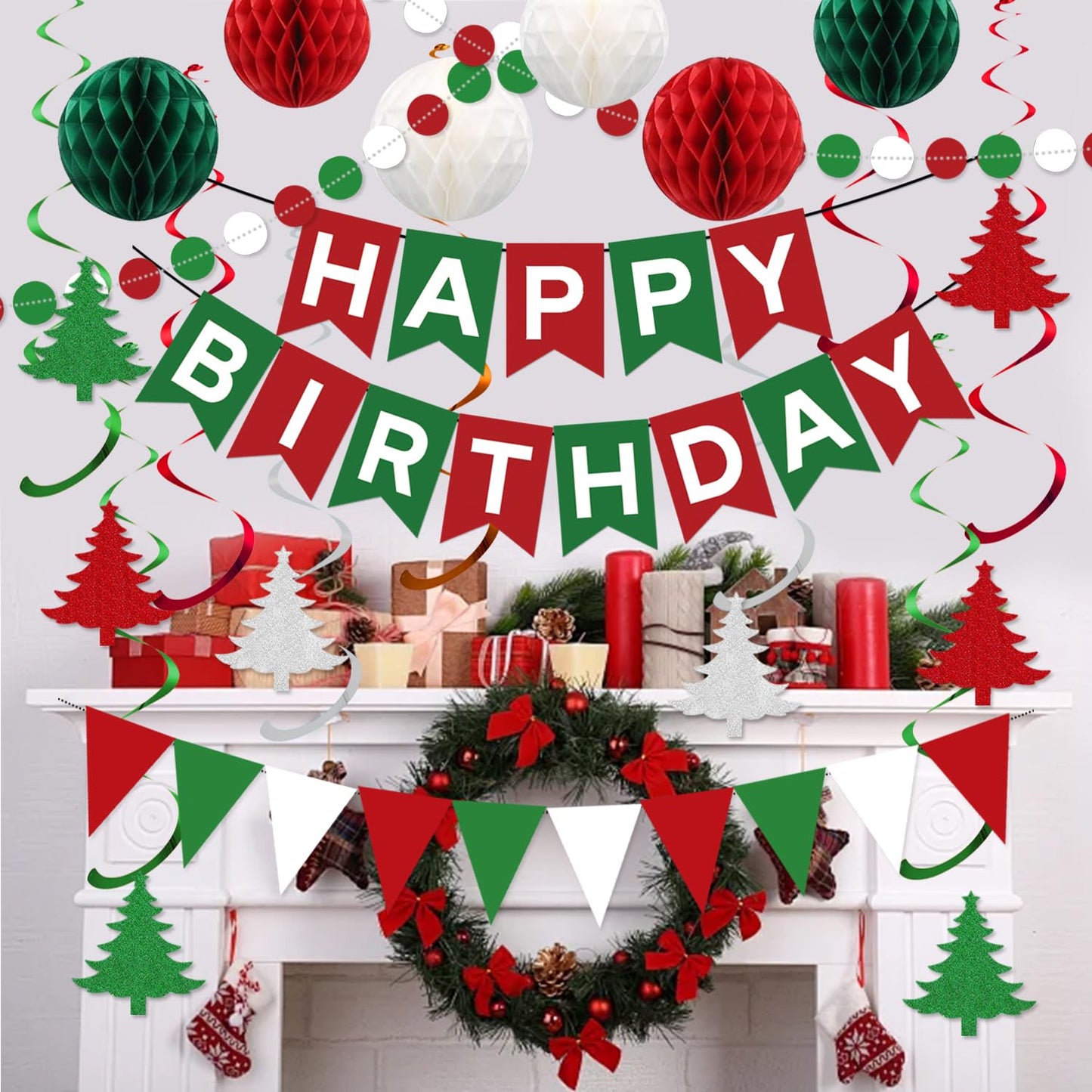 Christmas Birthday Party Decorations for Boys Girls, Pre-Strung Red-Green White Happy Birthday Banner with Honeycomb Balls, Christmas Tree Hanging Swirls, Circle Dots Garland, Triangle Pennant
