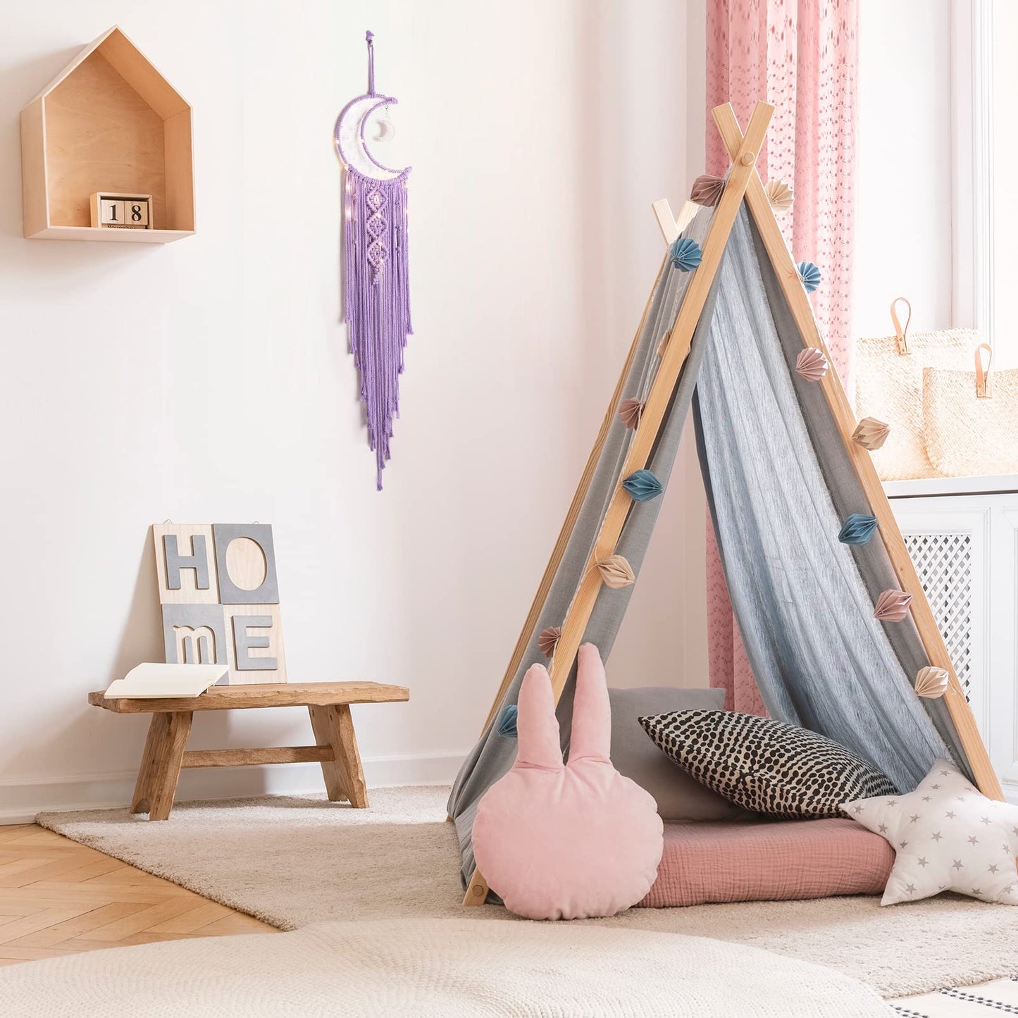 Macrame Moon Dream Catcher for Girl, Purple Boho Crescent Dreamcatcher for Bedroom, Handmade Nursery Room Wall Hanging with Star Pendant for Teen Boy, Bohemian Home Decoration Idea