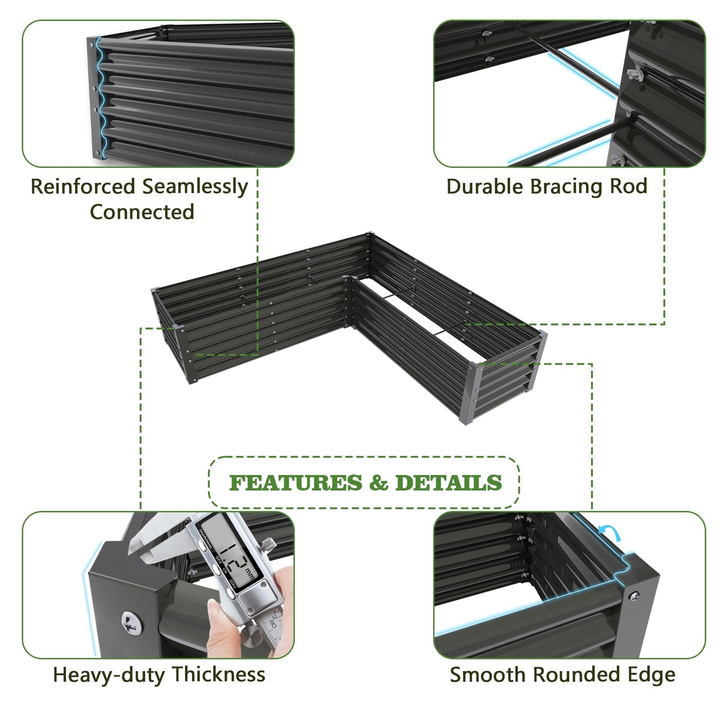 A ANLEOLIFE Set of 12 18 Inch Tall Raised Garden Beds Kit, Rectangular & L-Shaped Combo Metal Planters – Ideal for Backyard DIY Creative Layouts, Quartz Grey