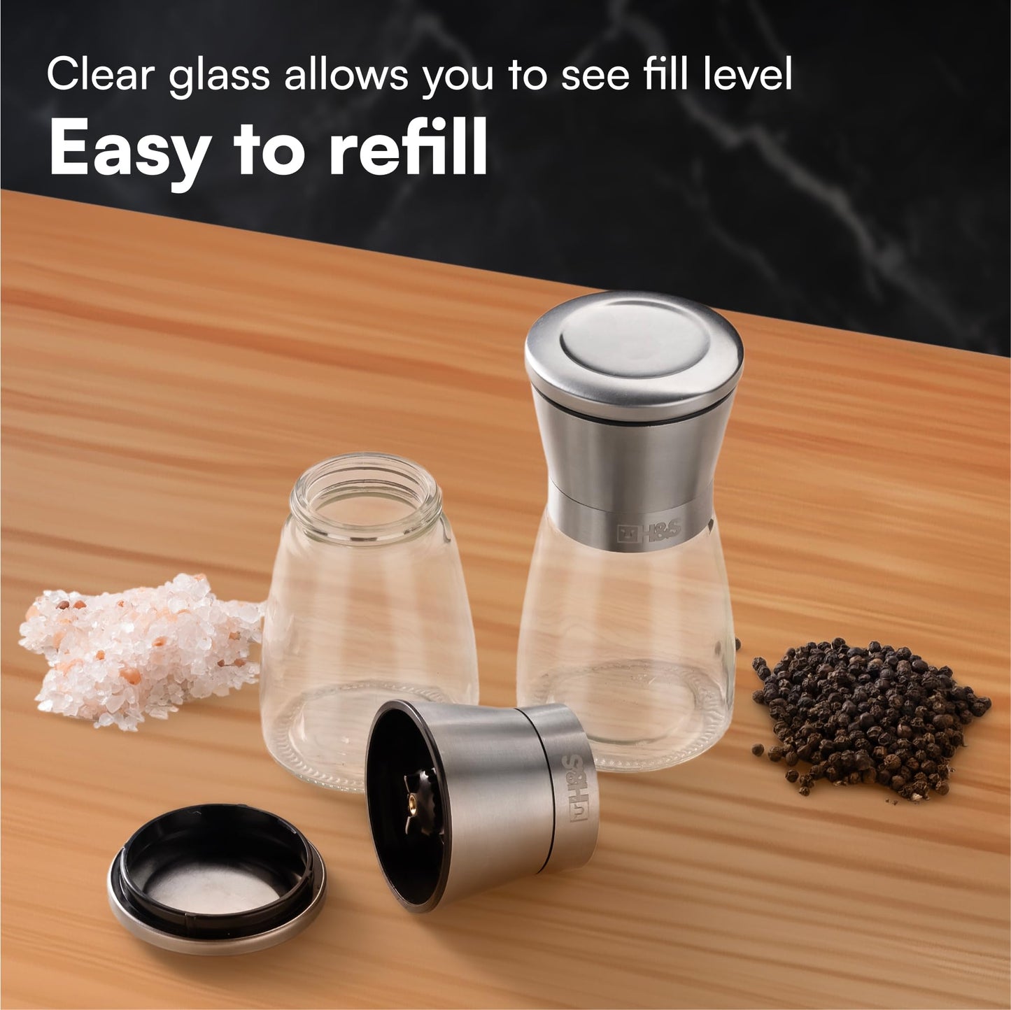 H&S Salt and Pepper Grinder Set - Manual Mill Grinders for Kitchen - Glass and Stainless Steel Spice Mills with Adjustable Coarseness - Easy to Use and Fill - Large Capacity