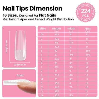 Beetles Tipex Instant Apex Nail Tips Kit, Coffin Long 224Pcs 16 Sizes Pre-Building & Pre-Etched Thicker Acrylic Nails False Nail Extension with Tipex Nail Glue Mini Nail Lamp