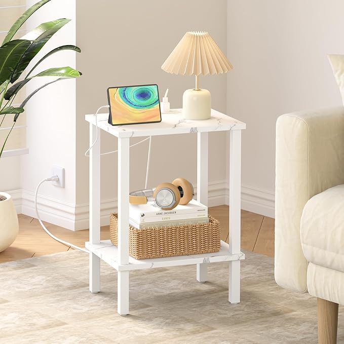 TUTOTAK End Table with Charging Station, Small Side Table, Nightstand Bedside