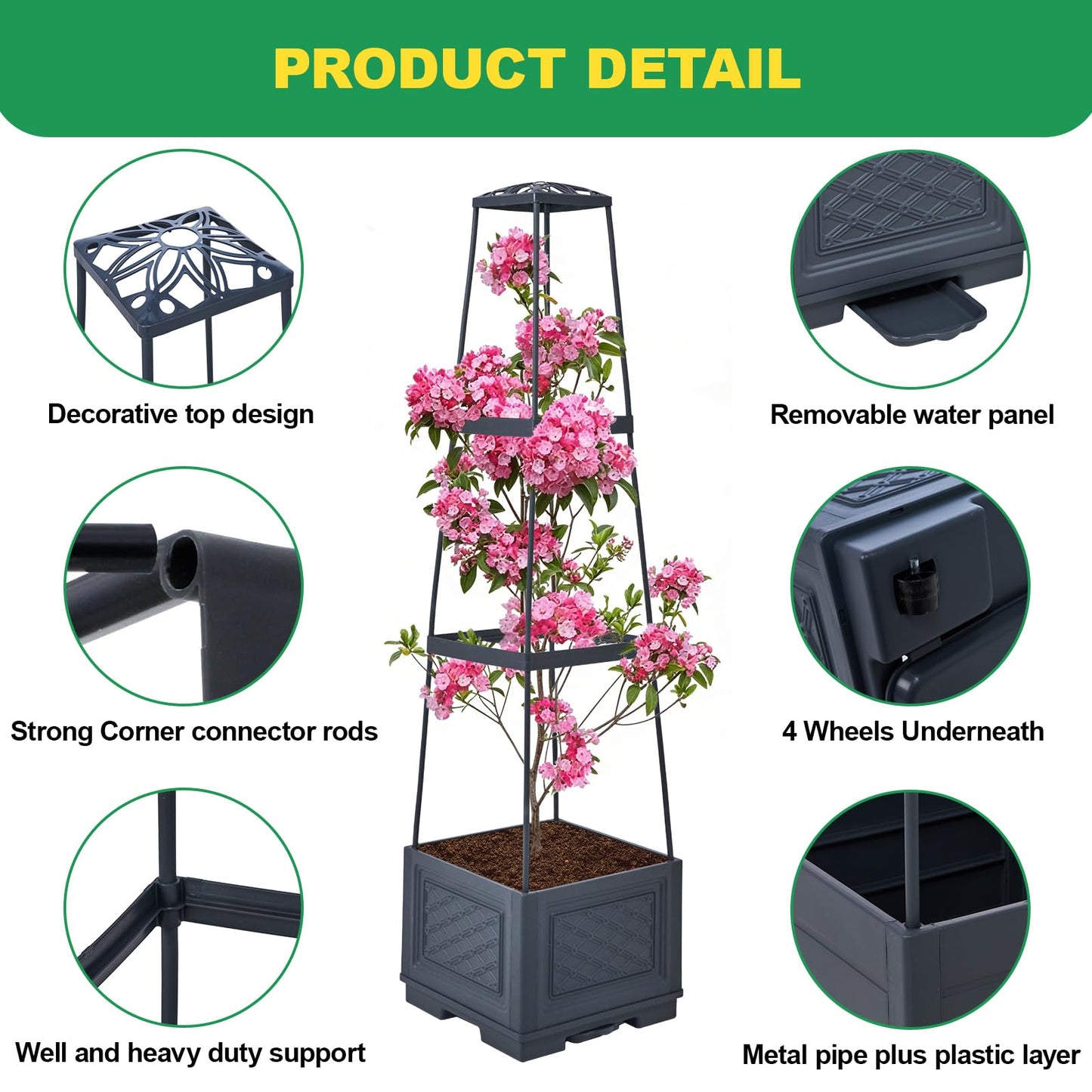 Raised Garden Bed, Tomato Cages for Garden, Tomato Cage, Raised Garden Beds Outdoor, Planter Box with Trellis, 44.8" Self-Watering Tomato Planter for Climbing Plants Vegetables Flowers(With Wheels)