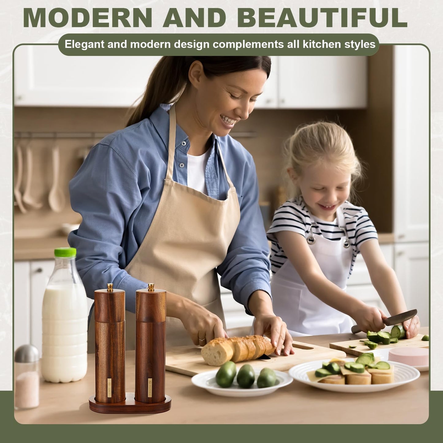 LOYIM Wooden Salt and Pepper Grinder Set 8 Inch Manual Salt and Pepper Mill with Tray Adjustable Coarseness Refillable Wood Grinders with Gold Bottle Label for Kitchen Christmas Home Gift(Wood Color)