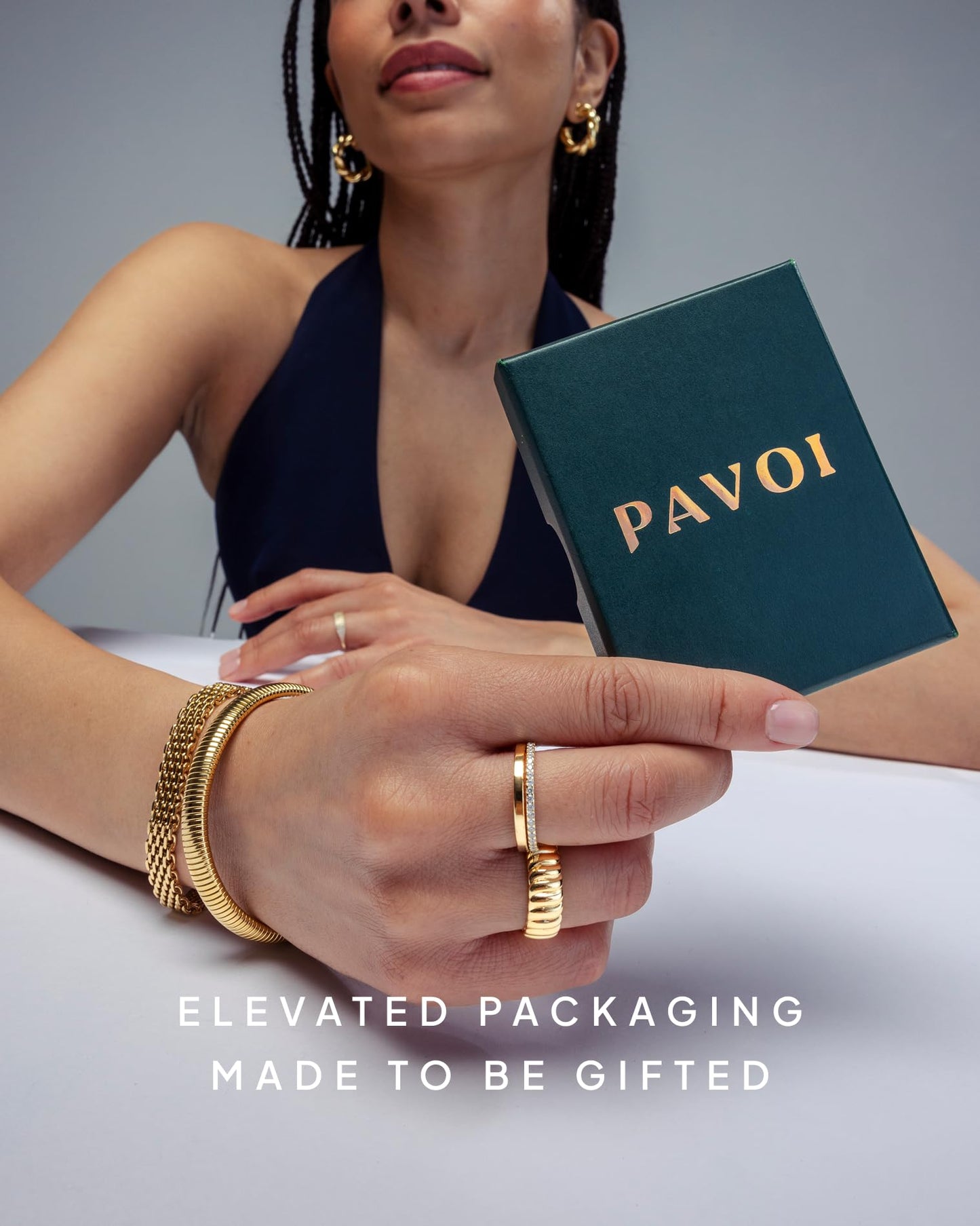 PAVOI 14K Gold Plated 925 Sterling Silver CZ Simulated Diamond Stackable Ring Eternity Bands for Women (Plated Set, 7)