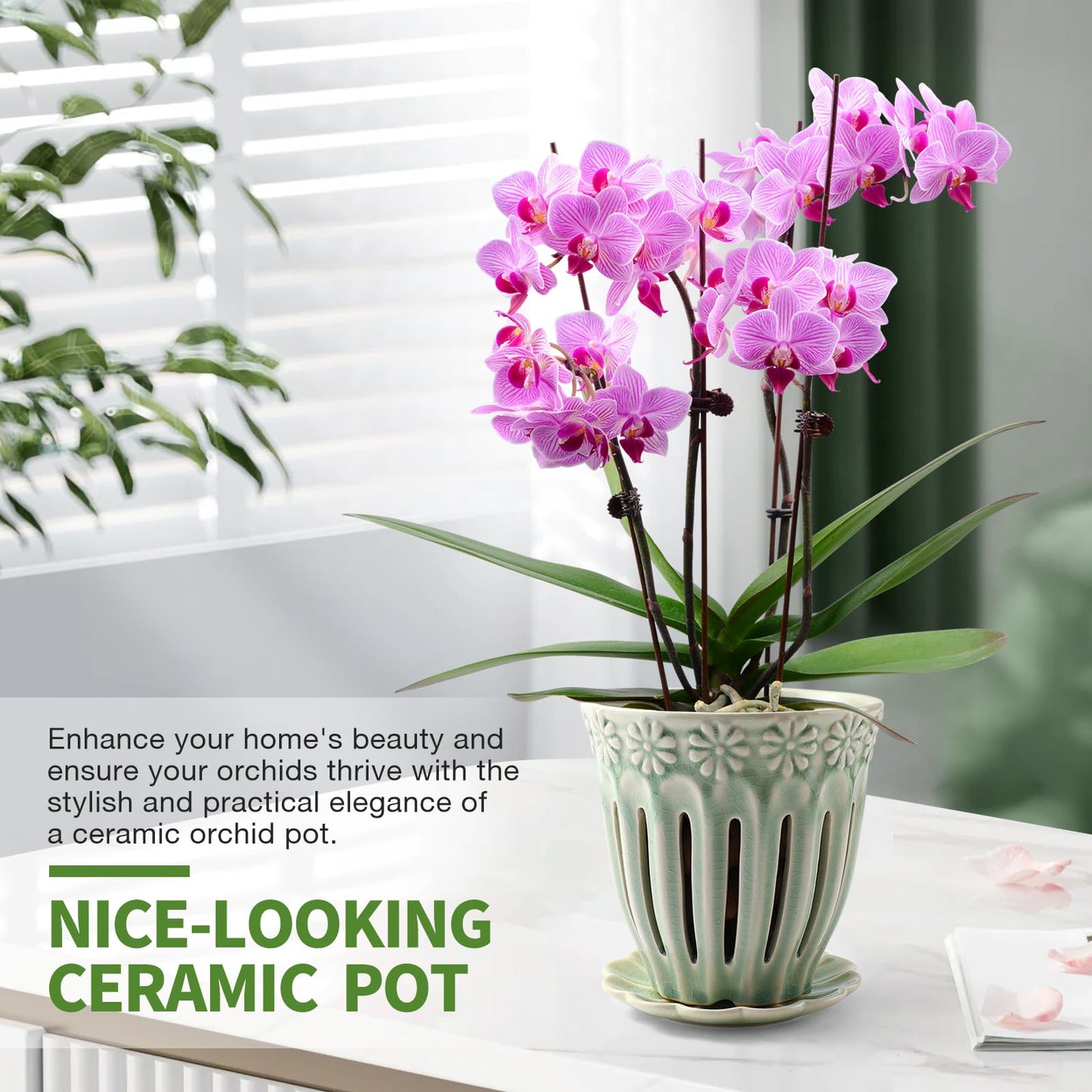 SUADEN 5" Ceramic Orchid Pots with Holes | Crackle Glazed Orchid Pot with Drainage and Separate Saucer | Ideal Plant Pot for Repotting Orchids and Other Flowers(Green)
