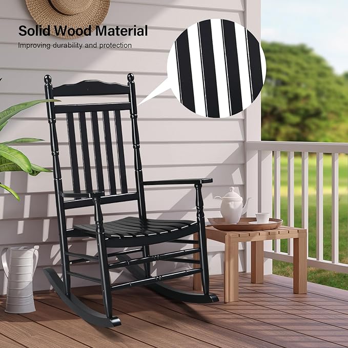 VINGLI Wooden Rocking Chair, Outdoor Chair with 450 lbs Support, Relaxing Rocker with Solid Wood High Back Seat Reclining Seat for Deck, Garden, Backyard, Porch, Indoor or Outdoor Use (Black, 2PCS)
