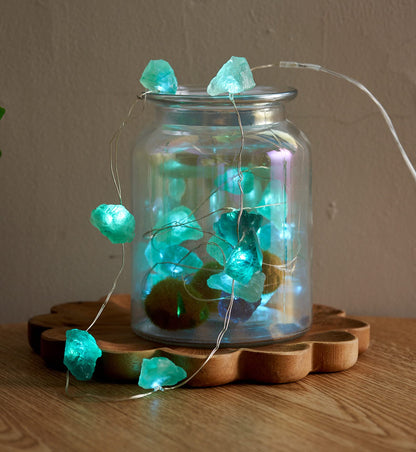 Natural Fluorite LED String Lights for Bedroom 6.5 FT USB/Battery Operated Blue Fairy Lights Sea Glass Crystal Decor Perfect Decorative Light for Bedroom Sea Glass Christmas Tree Kit