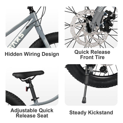 Glerc Mars Kids Mountain Bike, 24 Inch Fat Tire Bike for Teen Ages 8-14 Year Old, Bicycle with 2.8-Inch Wide Tires and 6 Speed Drivetrain, Gray