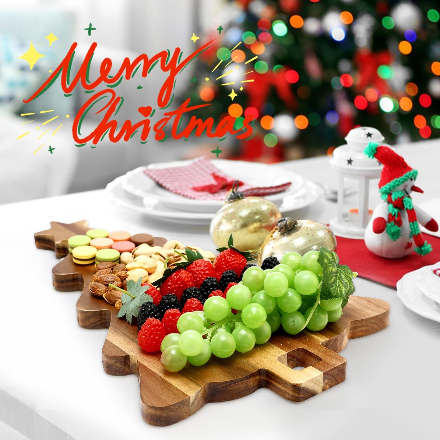 16.5" Wooden Christmas Tree Charcuterie Boards Acacia Wood Cutting Board with Handle Christmas Kitchen Decor Gifts Xmas Serving Cheese Board Festive Decorative Food Tray Holiday Xmas Tree Platters