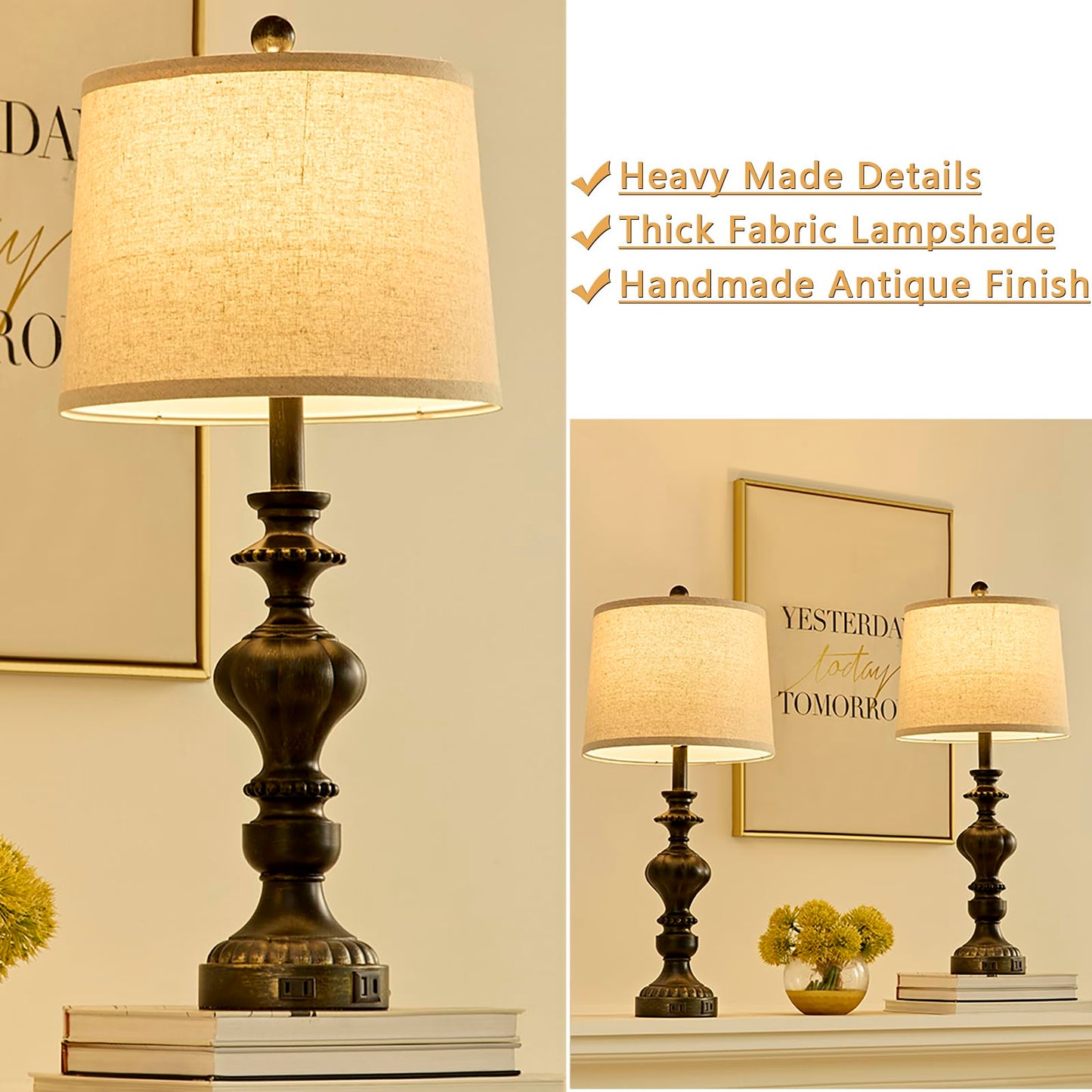 SAIWEYA 27.5" Farmhouse Table Lamps Set of 2 Bedside Nightstand Lamp with USB C+A Ports & AC Outlet, 3 Way Dimmable Touch Lamps for Bedroom Living Room Office Rustic Lamp