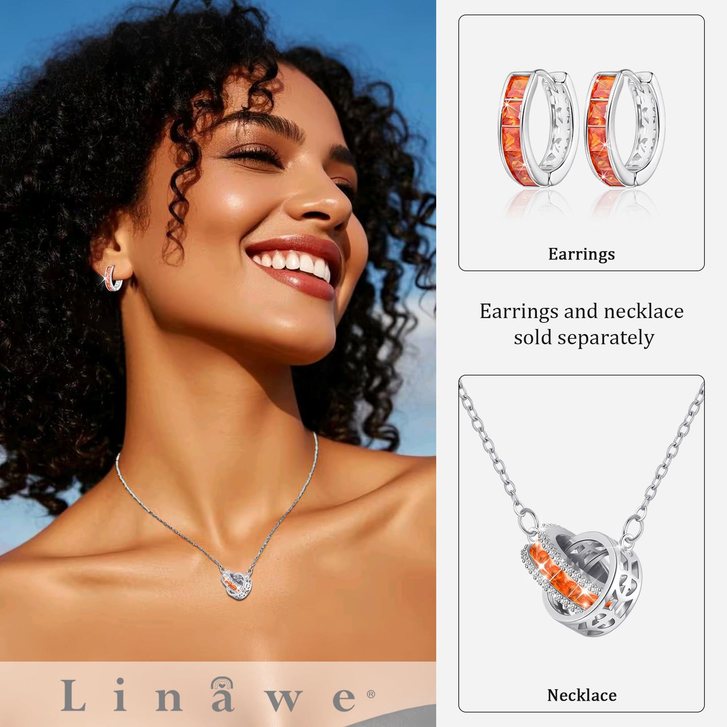 Linawe Silver Hoop Stud Earrings, Orange Cubic Zirconia Huggie Earrings for Women, Cartilage Tragus Piercing Jewelry, Imitation Diamond Rhinestone Crystal Birthstone Small Dainty Hoops