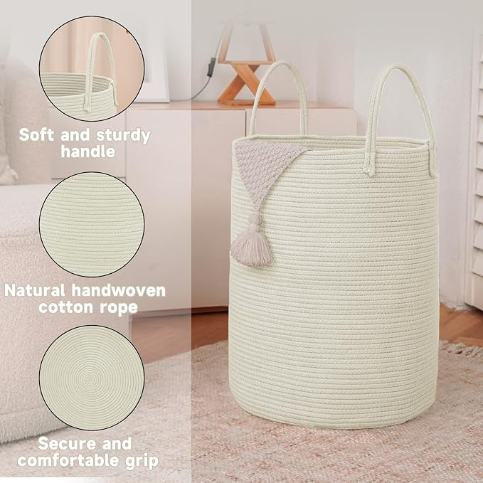 Large Woven Laundry Basket Hamper, 100L Cotton Rope Storage Bin