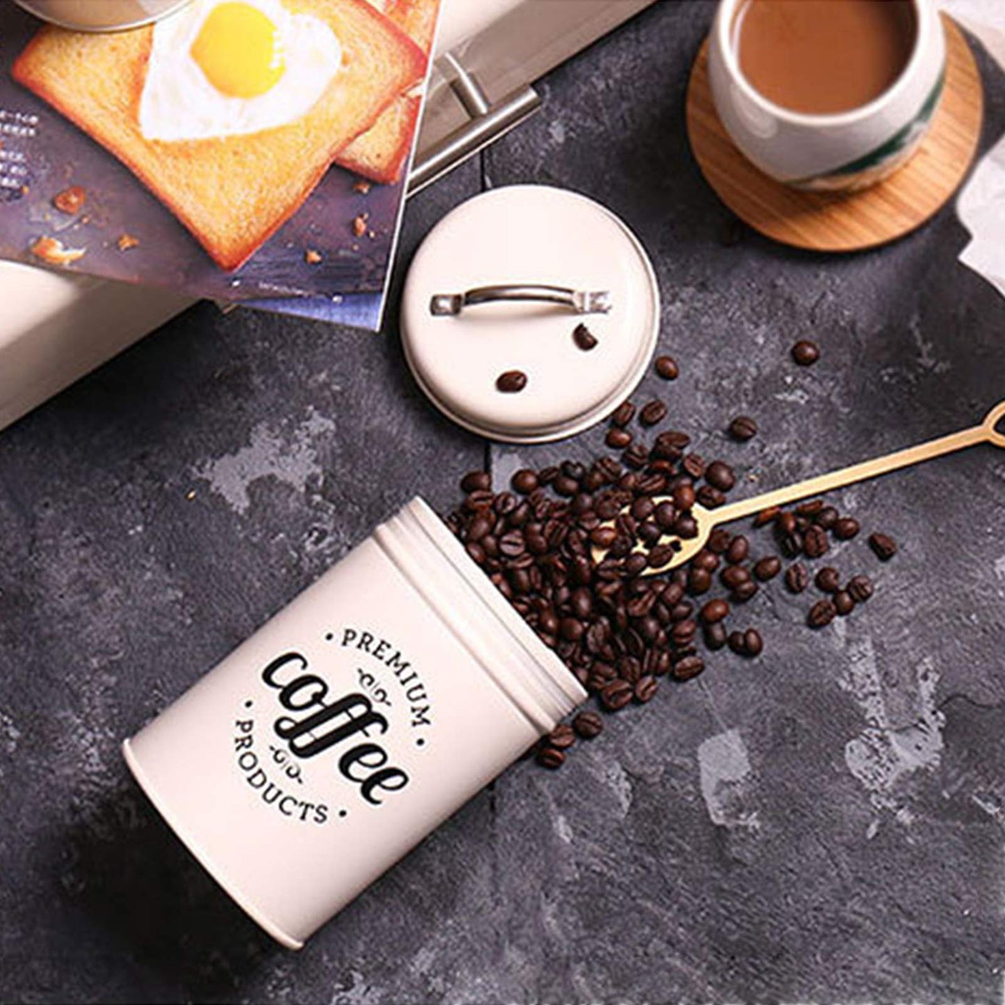 Hedume Set of 3 Airtight Kitchen Canister Decorations with Lids, Coffee, Tea, Sugar Metal Containers, Decorative Nesting Kitchen Canister Jars, Food Storage