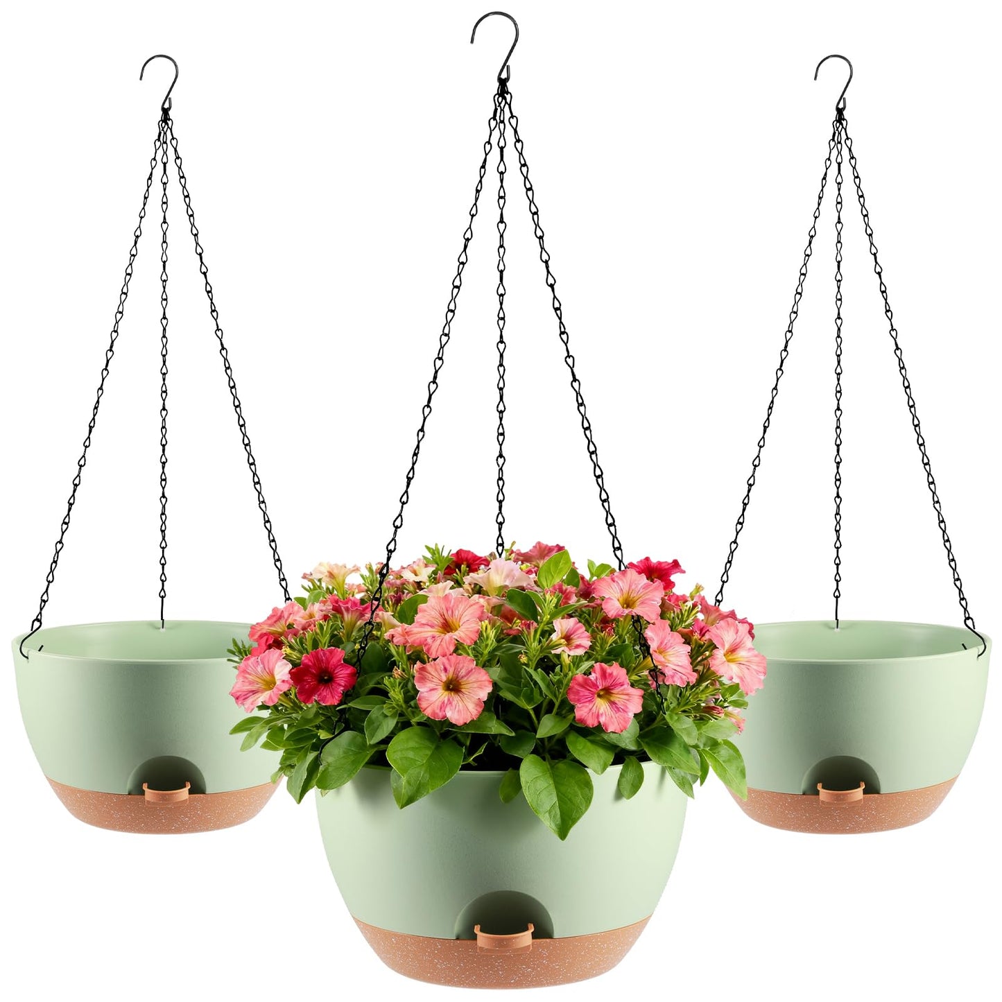WUCEIAUU 3-Piece Set of 10-Inch Hanging Planters with Automatic Watering System and Drip Tray, Includes Metal Chain, Suitable for Various Indoor and Outdoor Plants and Flowers, Green Brown