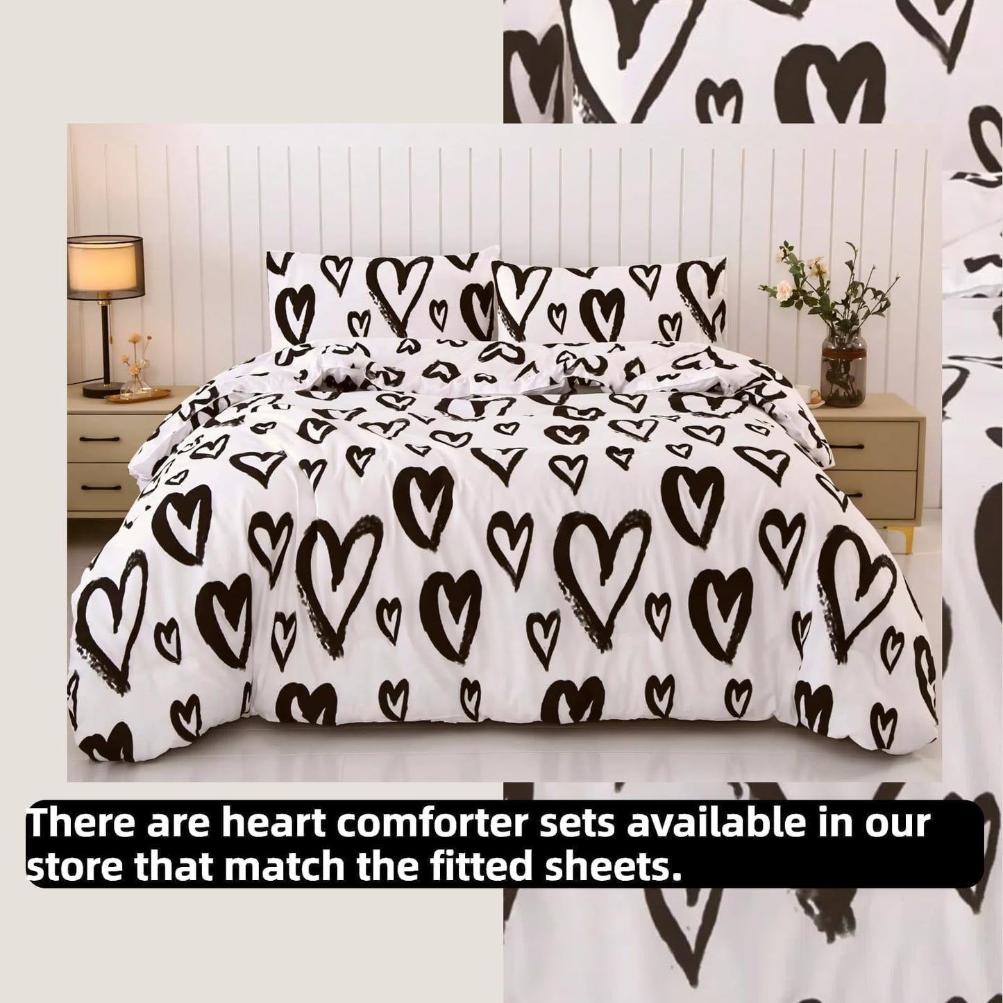 SDIII Love Heart Fitted Sheet Twin with 2 Pillowcases, Deep Pocket Soft Microfiber Black and White Romantic Bed Sheet