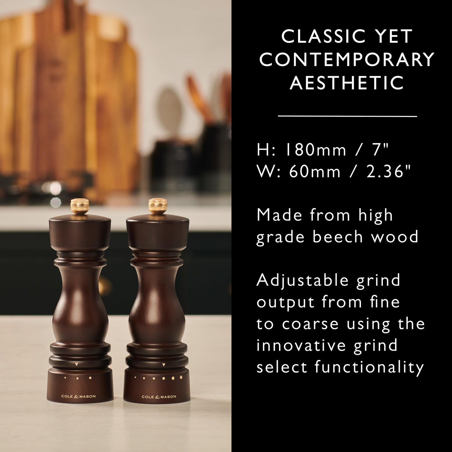 Cole & Mason London Salt and Pepper Mill Gift Set, Grind Select Adjustable Coarseness, Chocolate Wood, 180mm, Refillable Manual Grinder