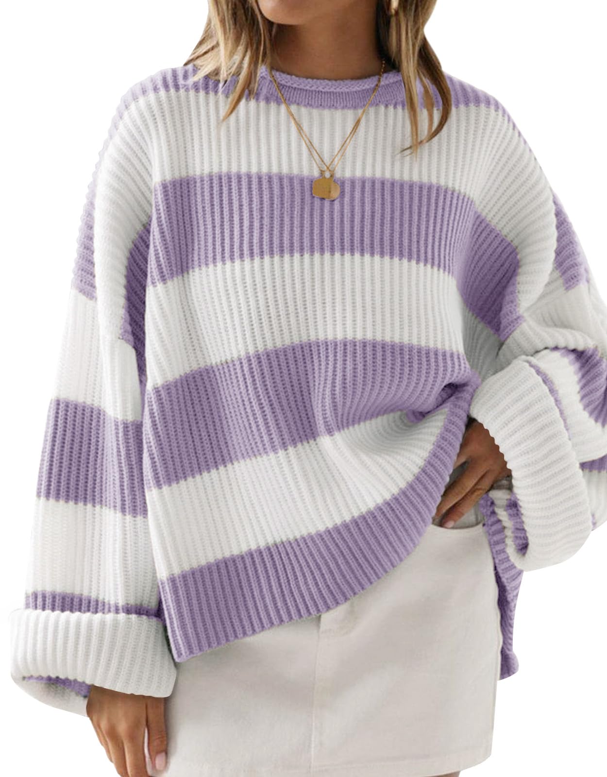 ZESICA Women's 2025 Fall Long Sleeve Oversized Striped Color Block Comfy Loose Crew Neck Knitted Pullover Sweater
