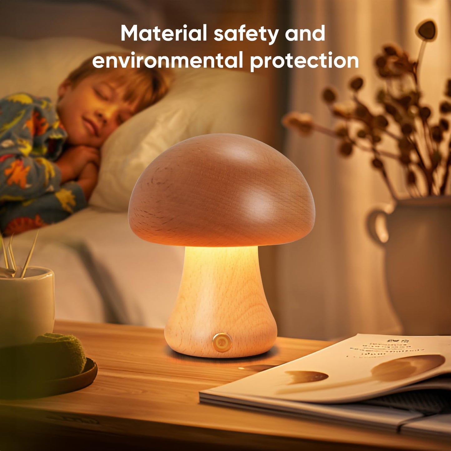 LONRISWAY Creative Wood Mushroom Table Lamp, Portable Cordless Small Lamp, Rechargeable Battery Operated Lamp,Stepless Dimming, Night Light for Birthday Gifts, Creative Home Decor Unique House Gift