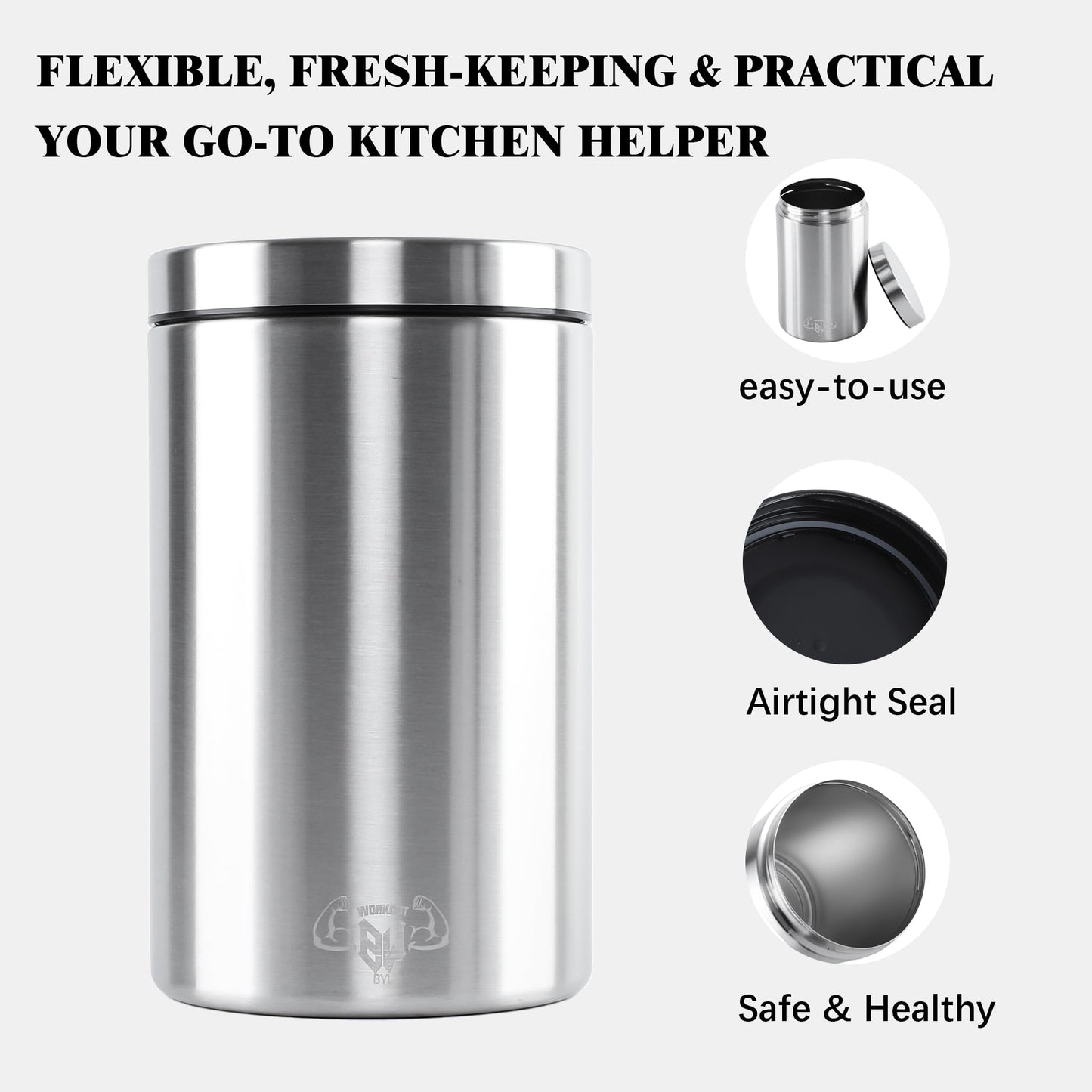 WORKOUT BW BYLWORKOUT 3-Piece Stainless Steel Food Canisters Set (27/47/84oz) | Airtight Metal Kitchen Storage Containers with Screw Lids | Stackable Jars for Coffee, Flour, Sugar & Protein Powder