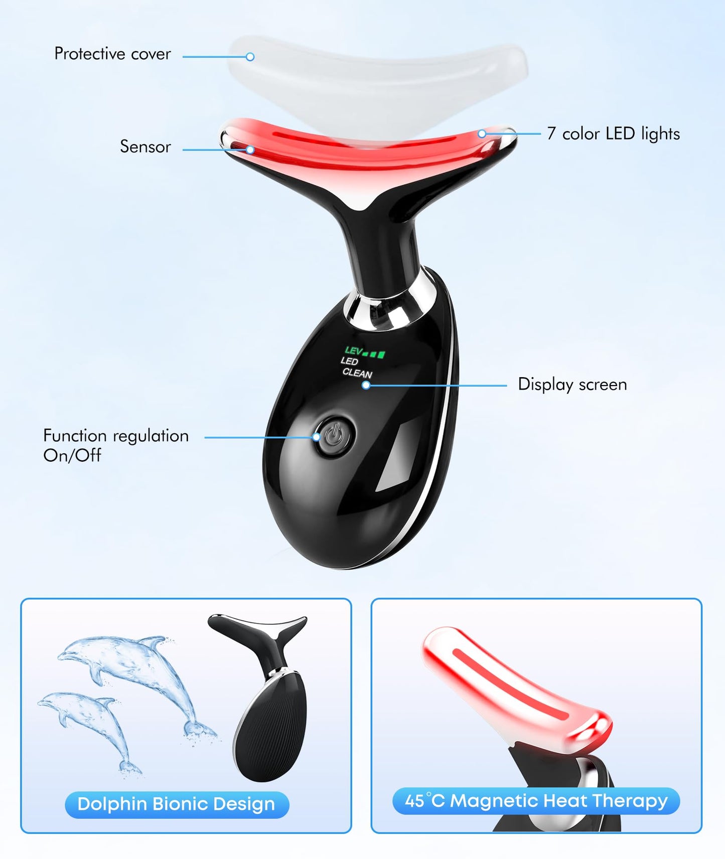 Red-Light-Therapy-for-Face-and-Neck, 7 Color Face Massager Tool for Wrinkles, Double Chin, Vibrating Facial Massager with Thermals for Skin Care, Glossy Pink