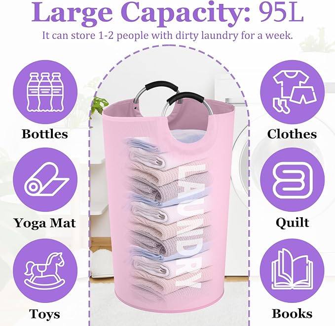 125L Pink Laundry Basket, Extra Large Clothes Basket