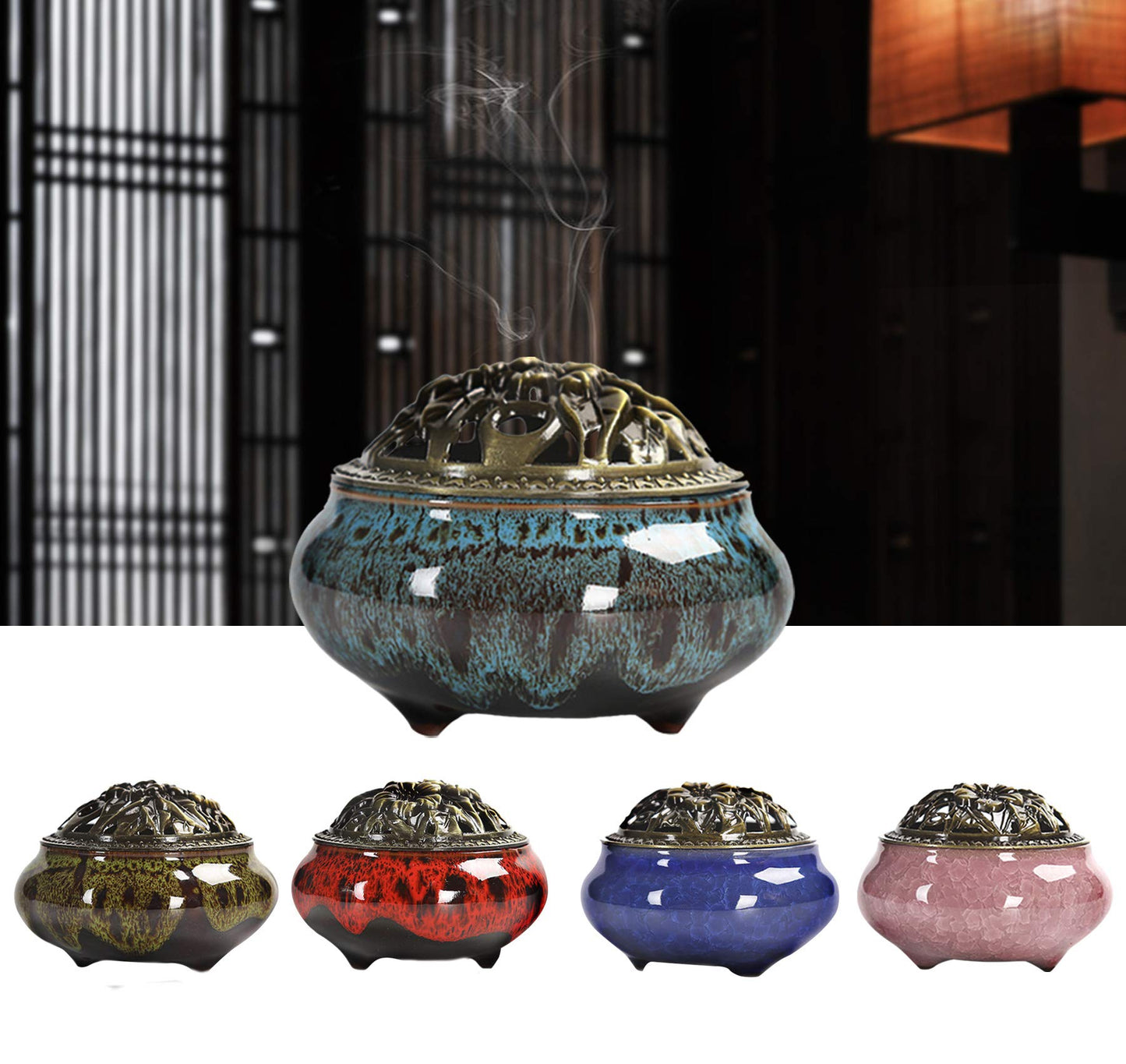 Ceramic Incense Burner with Calabash Incense Holder, 3 in 1 Stick or Cone Coil Incense Burner, Brass Lid for Yoga Spa Meditation