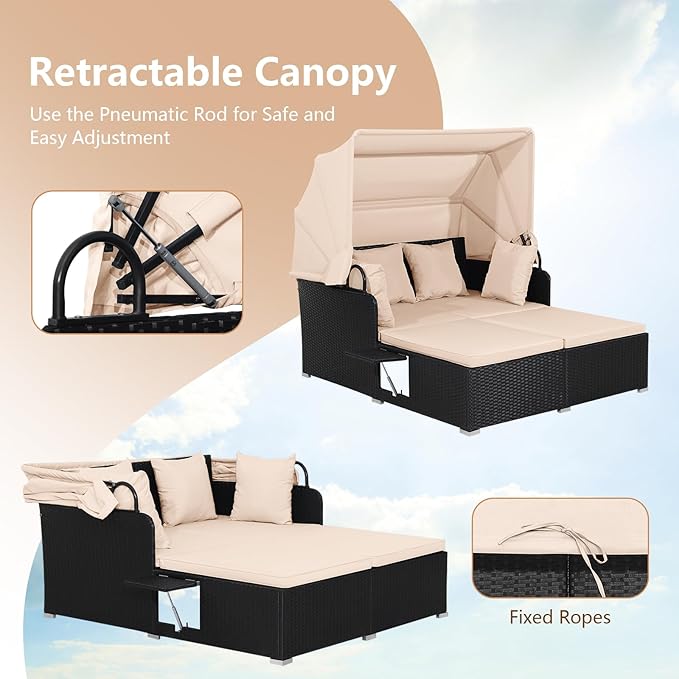 COSTWAY Outdoor Daybed with Retractable Canopy, Patio Rattan Daybed with