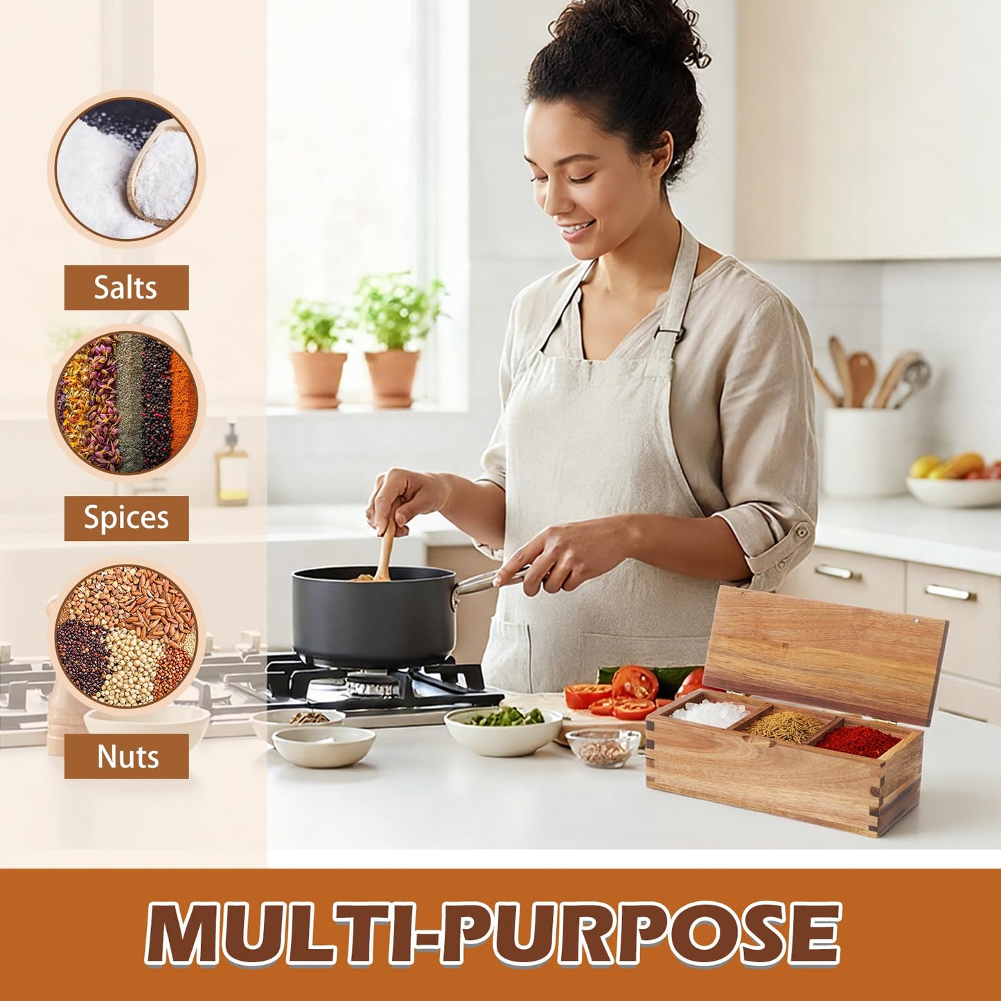 Yiyiring Acacia Wood Salt Cellar Spice Box with Magnetic Lid 29oz Large Capacity Salt Organizer 3 Compartments for Kitchen Countertop, Pepper, Seasonings, Spices, Grilling & Cooking
