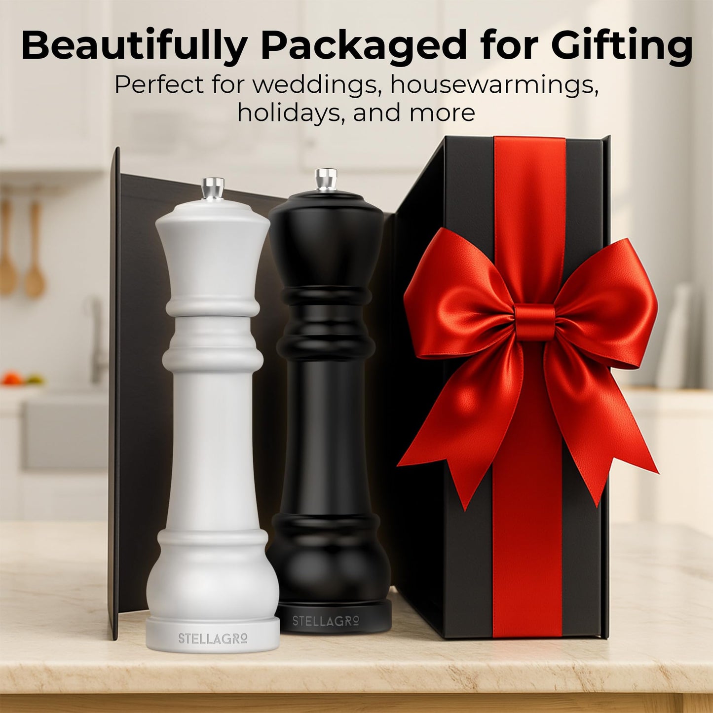 Wooden Salt and Pepper Grinder Set – Chess-Inspired Rubberwood Salt Grinder and Pepper Mill Shakers Set with Ceramic Burr in Gift Box