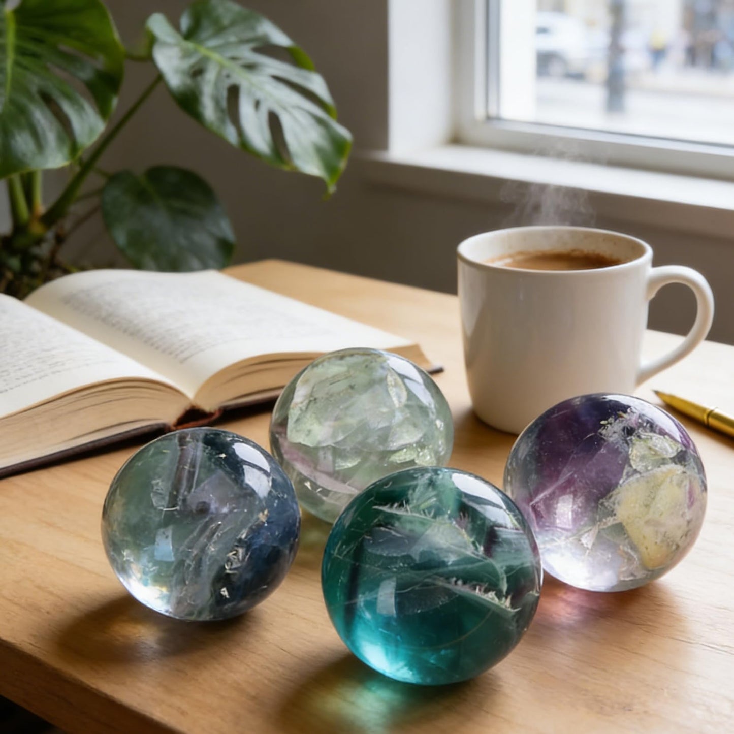 AierCrystal Natural Stone Crystal Sphere Feng Shui Home Decoration Ball Positive Energy Scrying Orb for Meditation Tool for Spiritual Space Purification Globe Diameter5-6cm Fluorite Sphere