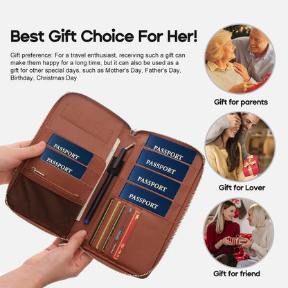 RFID Blocking Family Passport Holder Wallet 6,Premium Leather Travel Document Organizer for Women and Men,Travel Wallet for Credit Card(Brown)