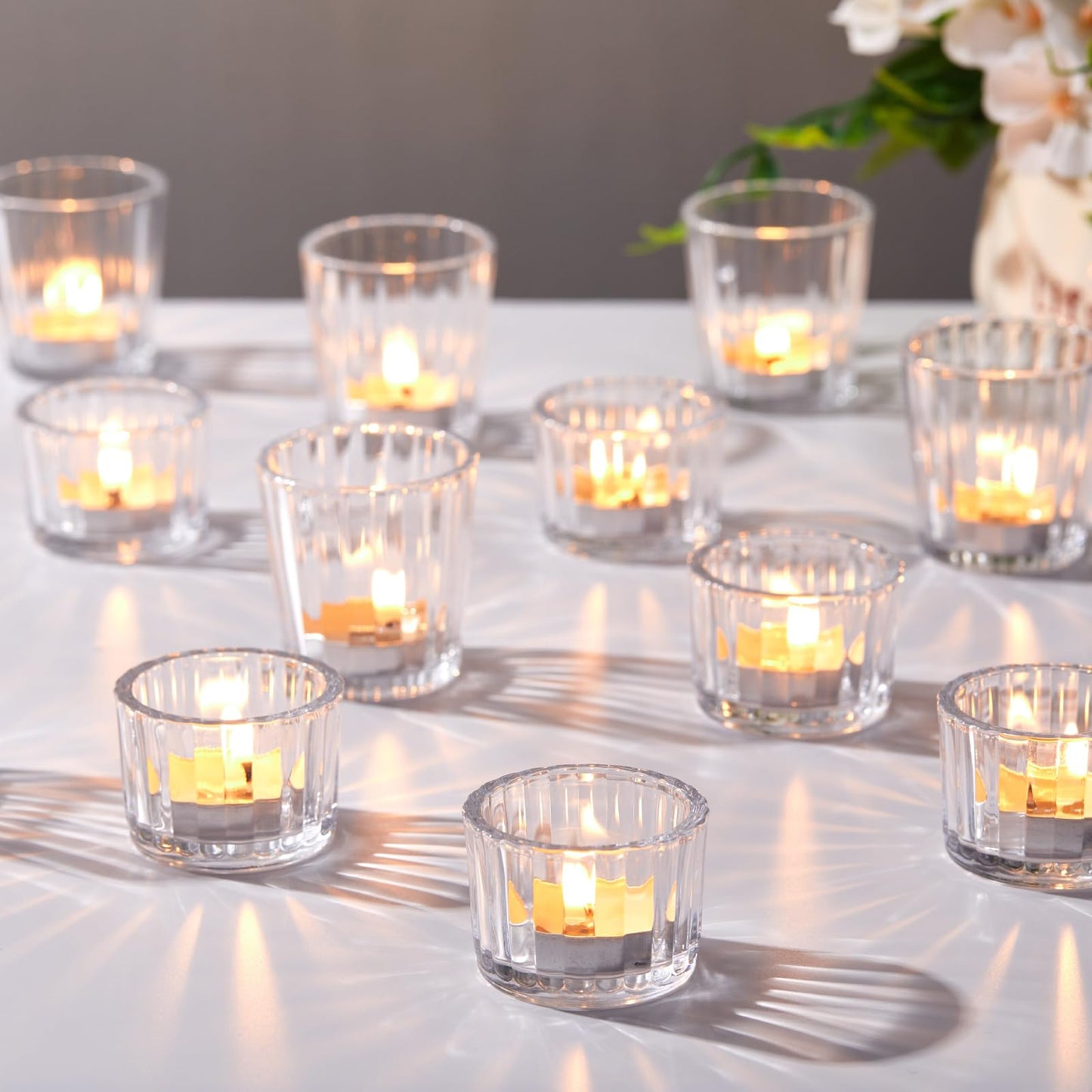 Mumufy 48 Pcs Assorted Votive Candle Holder Ribbed Clear Glass Tea Lights Candle Holder for Table Centerpiece Wedding Home Festival Party Decoration
