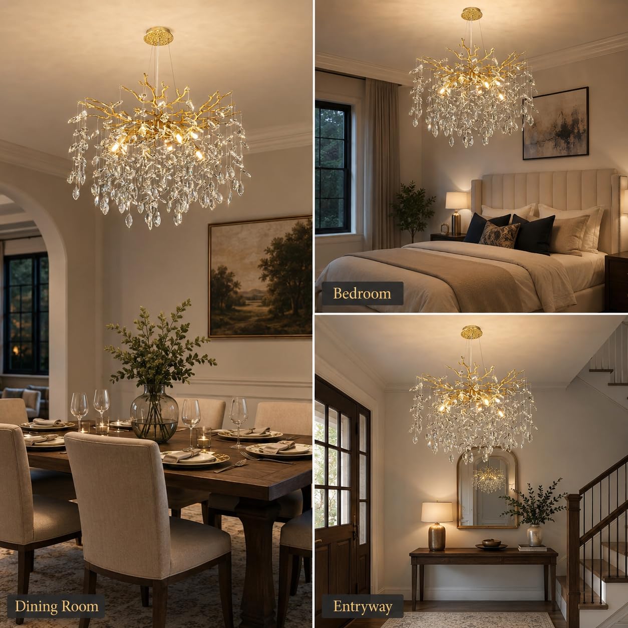 kvtinmty 24'' Modern Tree Branch Crystal Chandelier Luxury Gold K9 Crystal Chandelier 9-Light Crystals Pendant Chandeliers for Dining Room Living Room Bedroom Kitchen Entryway