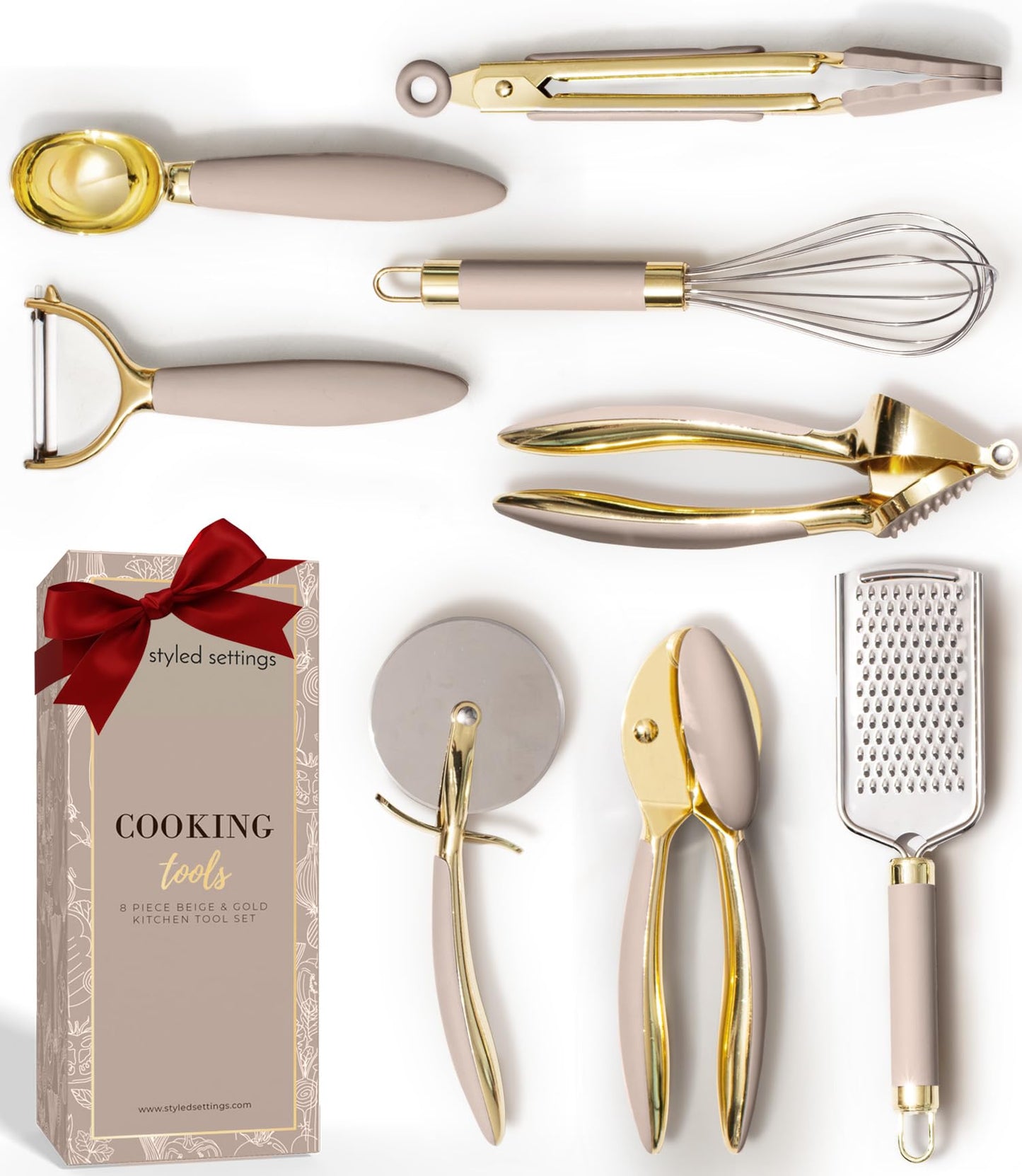 White & Gold Cooking Utensils Set - Luxe 8-Piece Kitchen Gadget Set Includes Can Opener, Tongs and Garlic Press - Stylish White and Gold Kitchen Accessories for Modern Kitchens, Ideal for Gifting