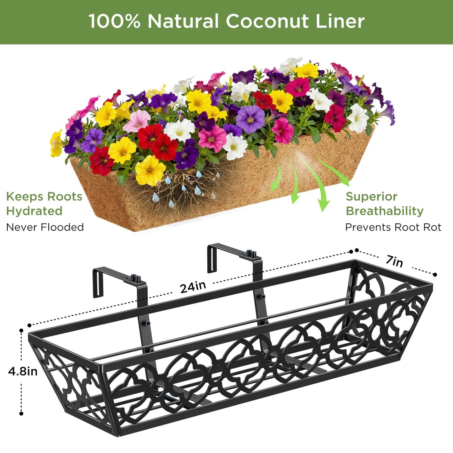 Y&M Railing Planter Boxes 24 Inch 2 Pack, Hanging Balcony Planter, Adjustable Deck Railing Planter Box, Metal Window Boxes Outdoor for Fence, Porch Flower Pots Holder