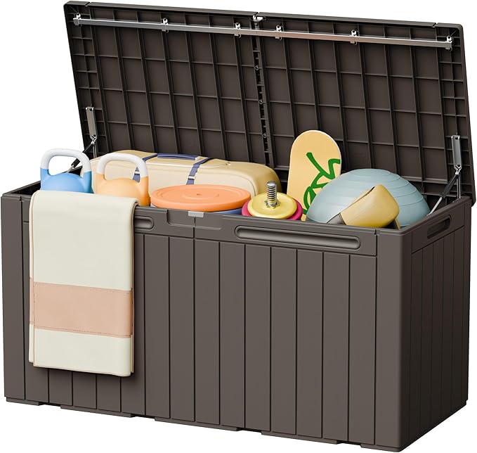 Greesum 110 Gallon Outdoor Storage Box with Lockable Lid, All-Weather Solution for Patio Furniture, Pool Supplies & Garden Tools, Waterproof, UV-Resistant Large Deck Box, Brown