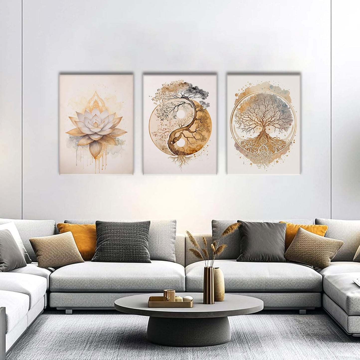 AOYUSMO 3 Piece 3 Piece Tree of Life Wall Art Zen Wall Decor Yoga Room Canvas Art Modern Gold Lotus Flower Pictures Spiritual Meditation Paintings Spa Artwork For Living Room Bathroom