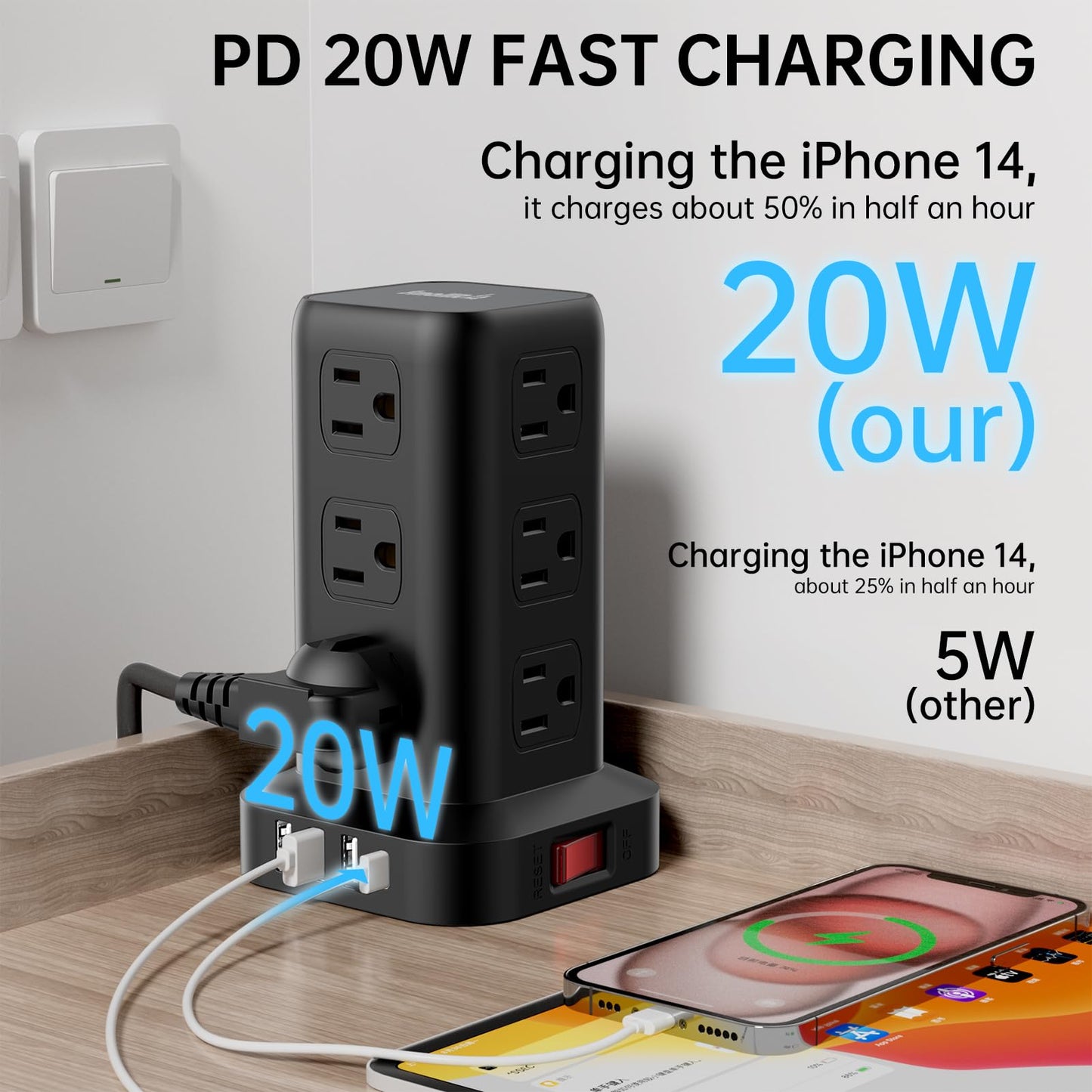 Extension Cord with Multiple Outlets, Surge Protector Power Strip Tower, 12 AC 4 USB，Surge Protector Tower 6.5FT Overload Protection for Home Office