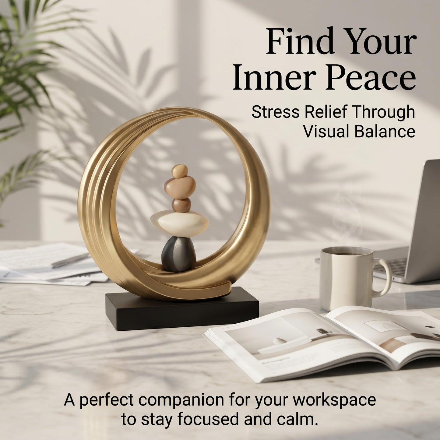 Abstract Zen Balance Sculpture, 10.4" H Modern Gold Spiral Faux Stone Stack Statue, Organic Resin Home Decor for Living Room, Bookshelf, Office, Minimalist Tabletop Art (Gold)