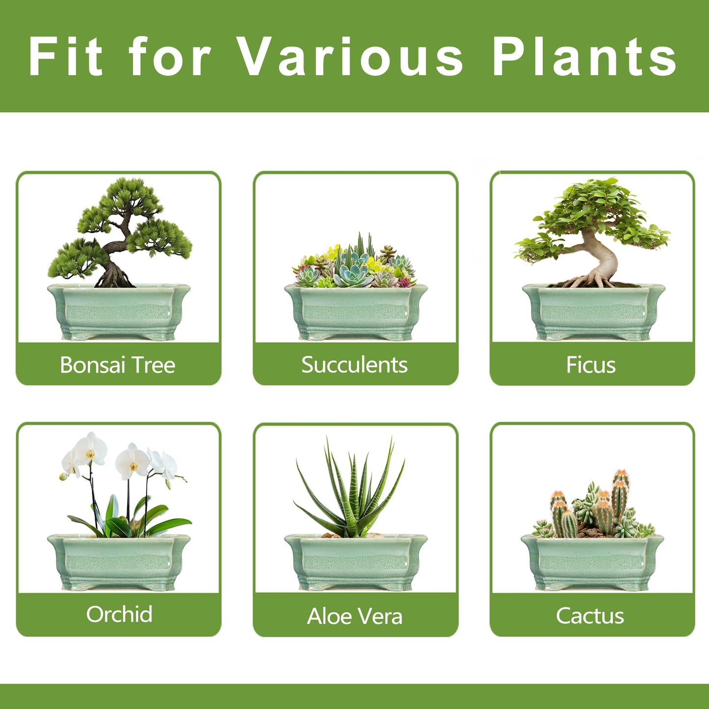 Teagas Bonsai Pots - 13.7 Inch Rectangle Ceramic Pots for Plants, Large Succulent Planter with Drainage Hole, Decorative Planters for Indoor Outdoor, Garden House Decor, Housewarming Gifts, Green