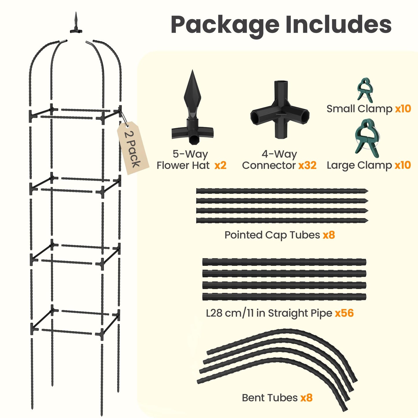 2 Pack 70.87" Garden Obelisk Trellis for Climbing Plants – Rustproof Metal Plant Tower, Pyramid Design for Roses, Clematis, Jasmine, and Vegetable Vines, Indoor & Outdoor Use, Black
