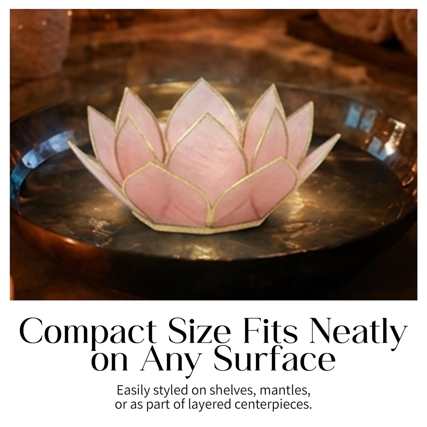 Om Gallery Mini Gemstone Lotus Tealight Holder - Handcrafted Capiz Shell Design for Soft Glow, Elegant Home & Table Decor, Wedding Centerpiece, Votive Candle Styling & Thoughtful Gifting - Rose Quartz