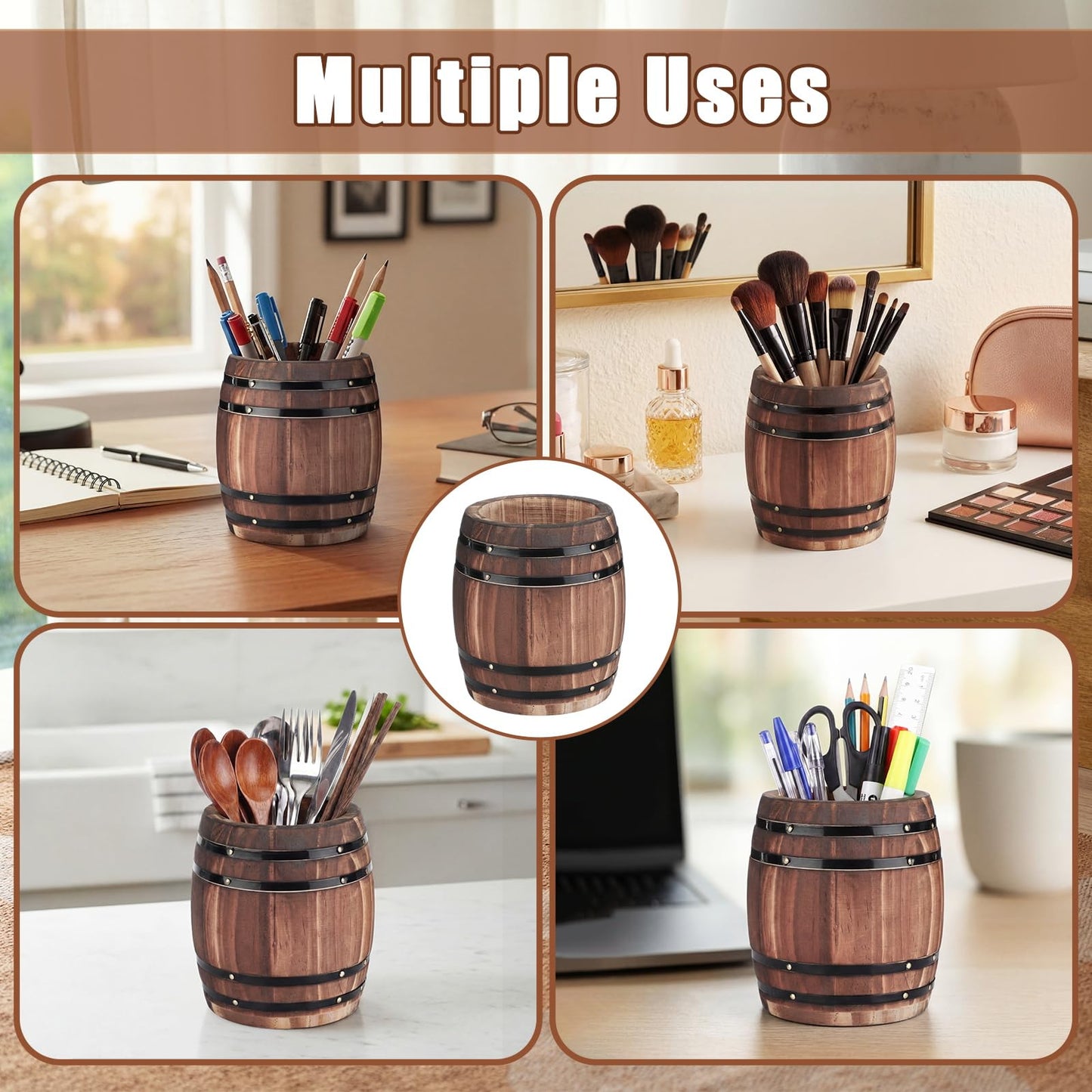 ForraFun Wine Barrel Pen & Pencil Holders Accessories Wooden Desktop Pencil Holder Containers Farmhouse Stationery Organizer Stand for Office Table Desk Accessory