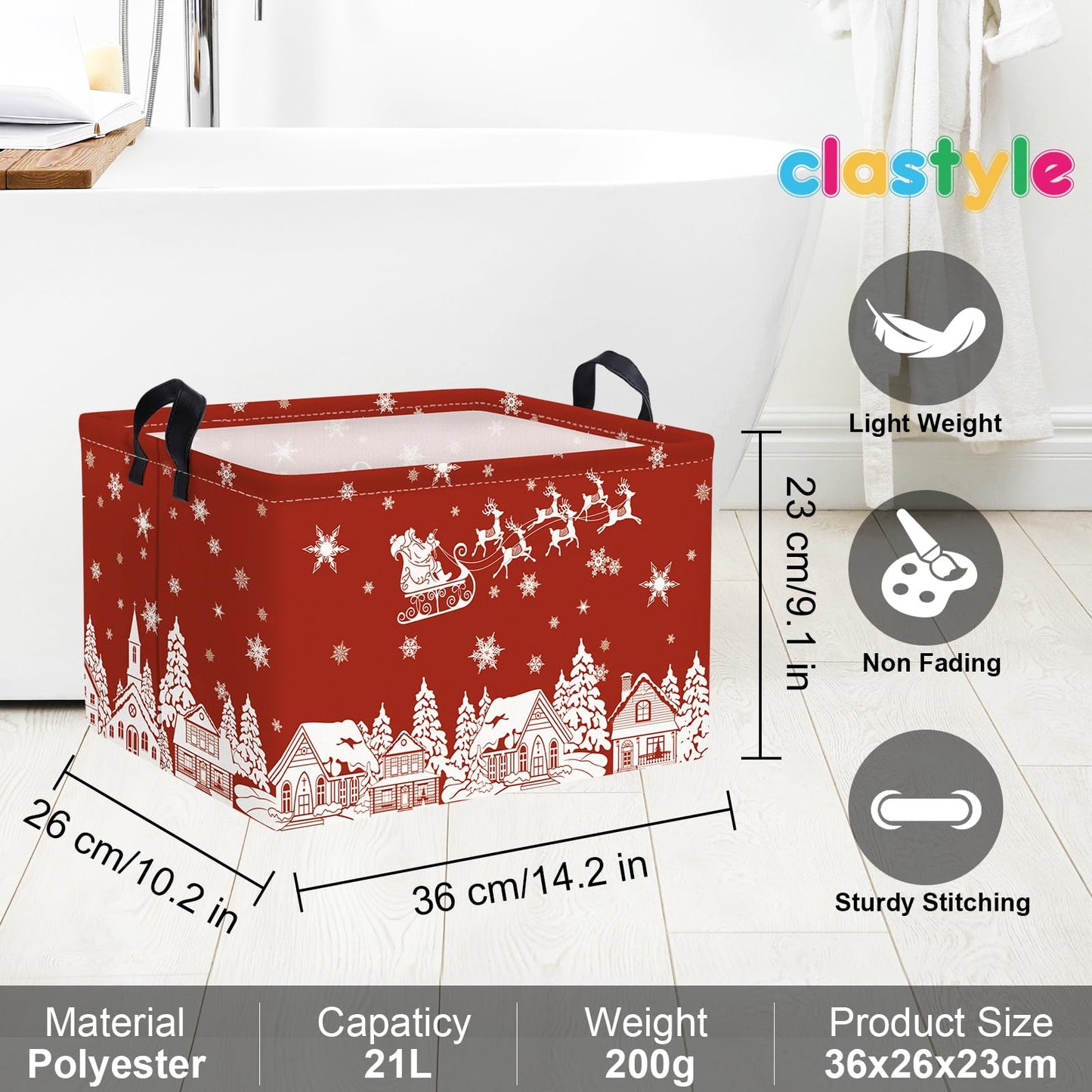 Clastyle Christmas Santa Elk Storage Basket Winter Snow House Snowflake Shelf Basket Christmas Tree Red Holiday Gift Basket Empty Collapsible Rectangle Clothes Book Toy Storage Cube