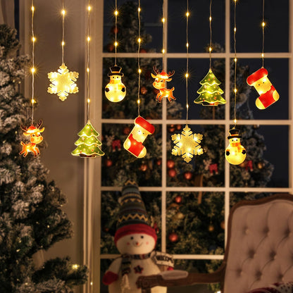 BLOOMWIN Window Lights Christmas Decor - 9.8ft LED Xmas Window Lights Indoor Curtain String Lights - 3D Hanging Christmas Novelty Decorations Bay Window Bedroom Snowflakes Snowman