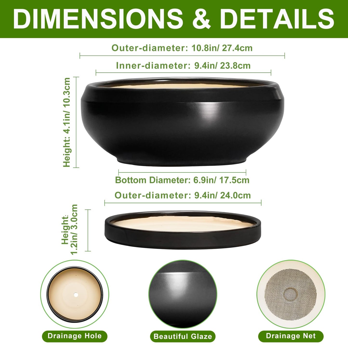 EPFamily Bonsai Pots 10 Inch - Ceramic Succulent Planters Indoor Outdoor, Bonsai Pots with Drainage Hole and Tray, Modern Shallow Planter, Round Bowl Planter, Garden Decor, Garden Gift, Black