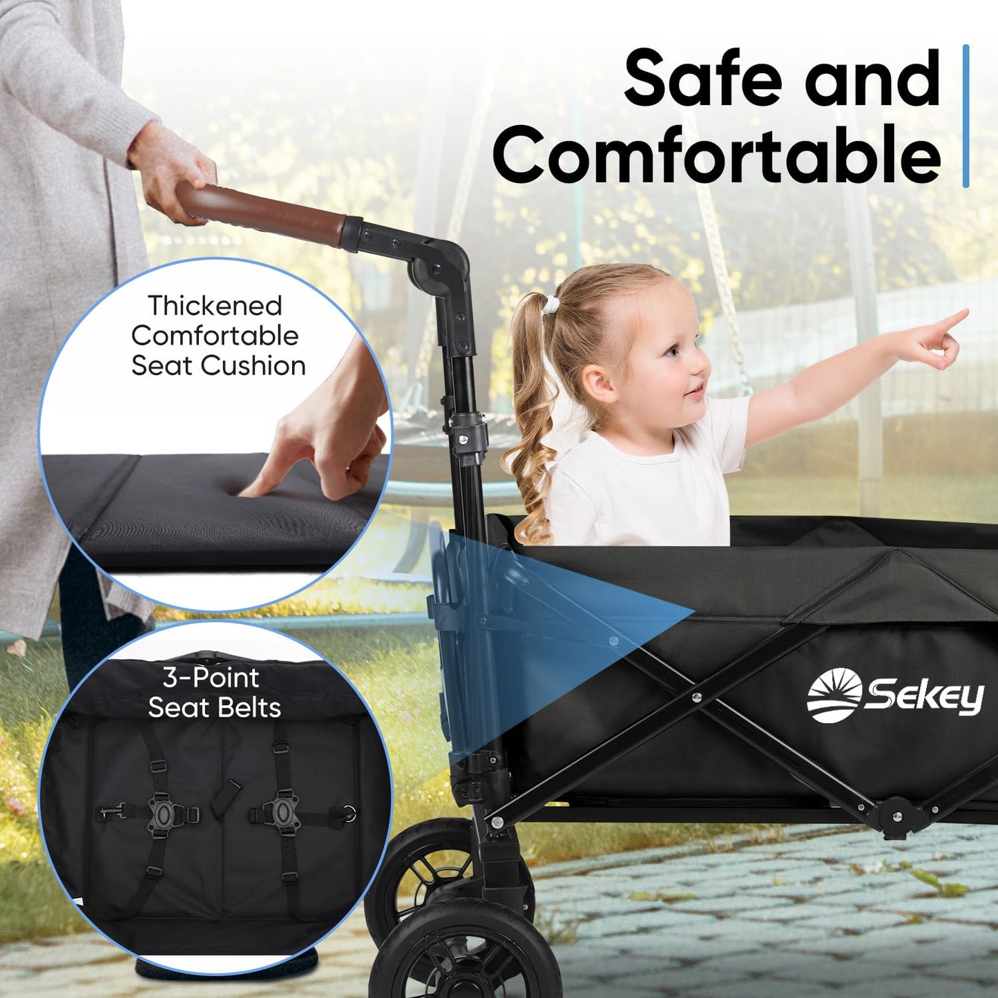 Sekey Kids Folding Handcart Wagon with Removable Canopy, Versatile Foldable Transport Trolley for Family Outings Including Shockproof PU Wheels, 220LBS(100KG) Weight Capacity, Push Handle, Black