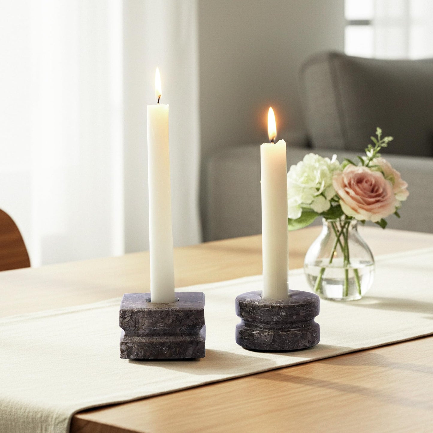 Marble Candle Holder Set of 3, Handmade Oceanic Stone Candlestick Holders, Minimalist Taper Candle Stand, Decorative Table Decor for Living Room & Dining, Centerpiece, Housewarming & Wedding Gift