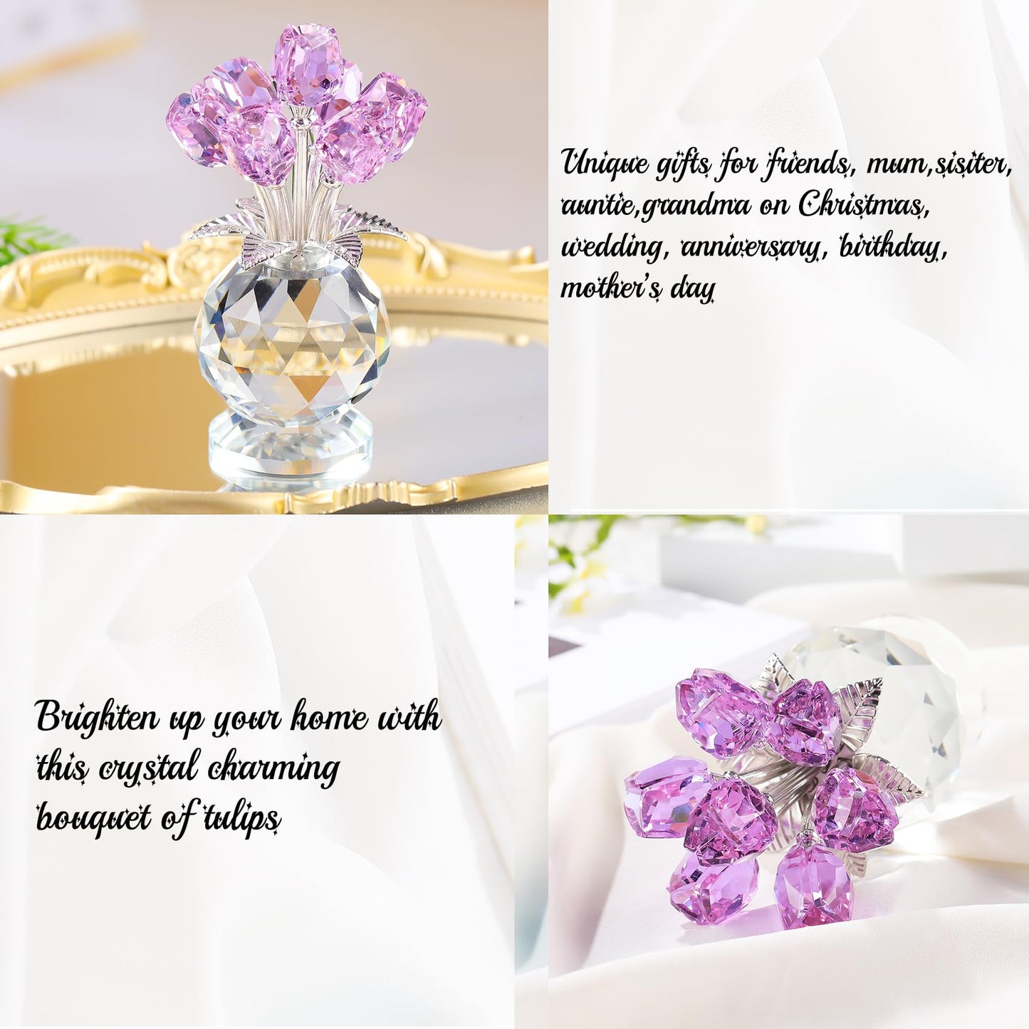 Ornalrist Crystal Purple Tulips Bouquet Figurines Gifts for Her Glass Purple Flowers Decor for Home Romantic Floral Presents for Women Mom Wife Mother's Day Birthday Anniversary Christmas
